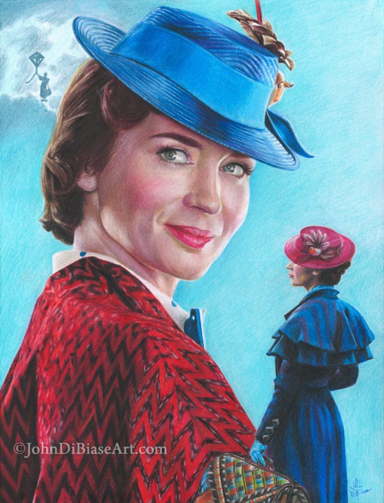 Emily Blunt In Mary Poppins Returns Colored Pencil Drawing The