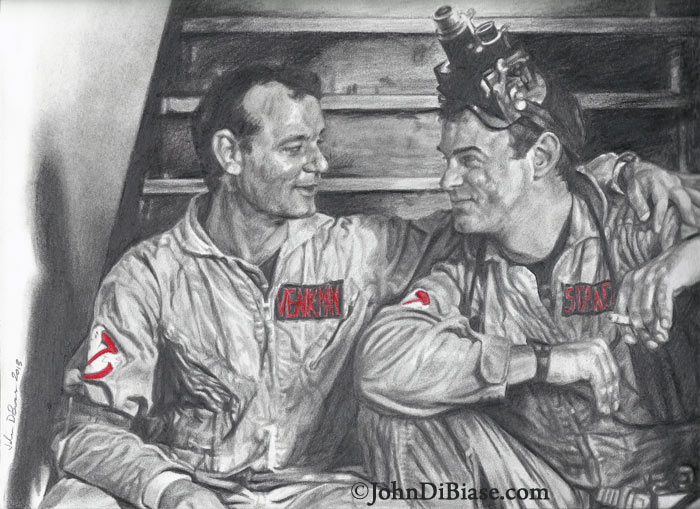 Bill Murray and Dan Aykroyd from Ghostbusters Freehand Graphite and Colored Pencil Portrait Drawing