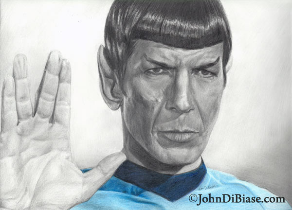 Leonard Nimoy as Spock in Star Trek Freehand Graphite and Colored Pencil Drawing