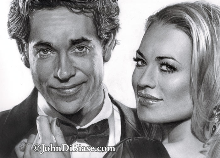 Zachary Levi and Yvonne Strahovski as Chuck and Sarah from TV’s “Chuck” Freehand Graphite Drawing