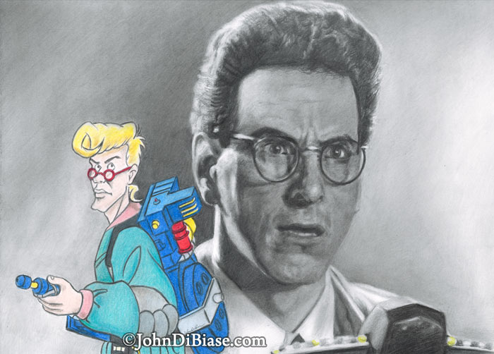 Harold Ramis as Egon Spengler in Ghostbusters and Animated Egon Freehand Graphite and Colored Pencil Drawing