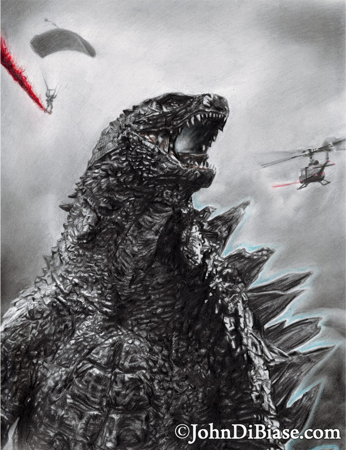 Godzilla 2014 Freehand Colored Pencil and Graphite Drawing The