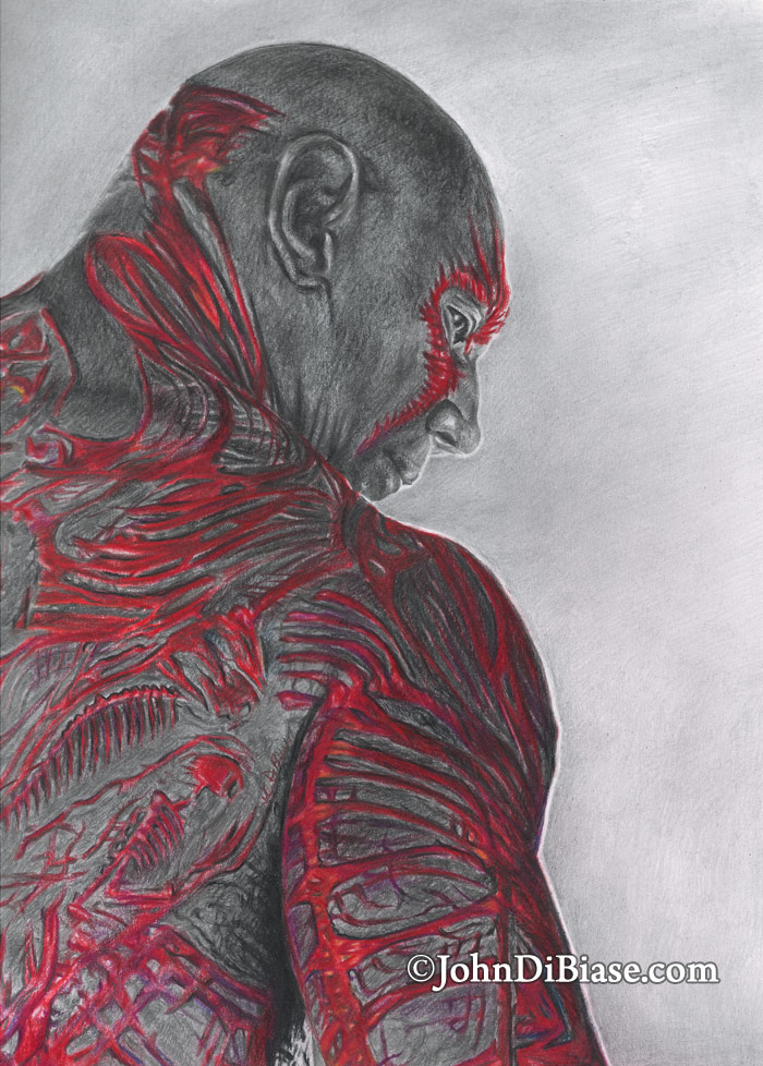 Dave Bautista as Drax in “Guardians of the Galaxy” Freehand Colored Pencil and Graphite Drawing