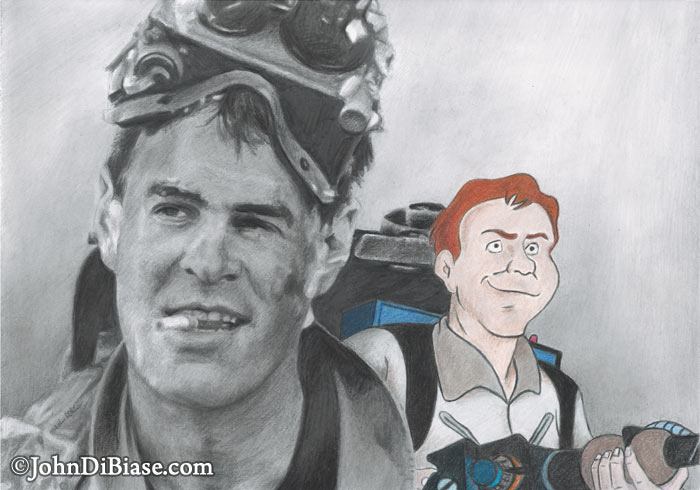 Dan Aykroyd as Ray Stantz in Ghostbusters and his Real Ghostbusters character Freehand Graphite and Colored Pencil Drawing