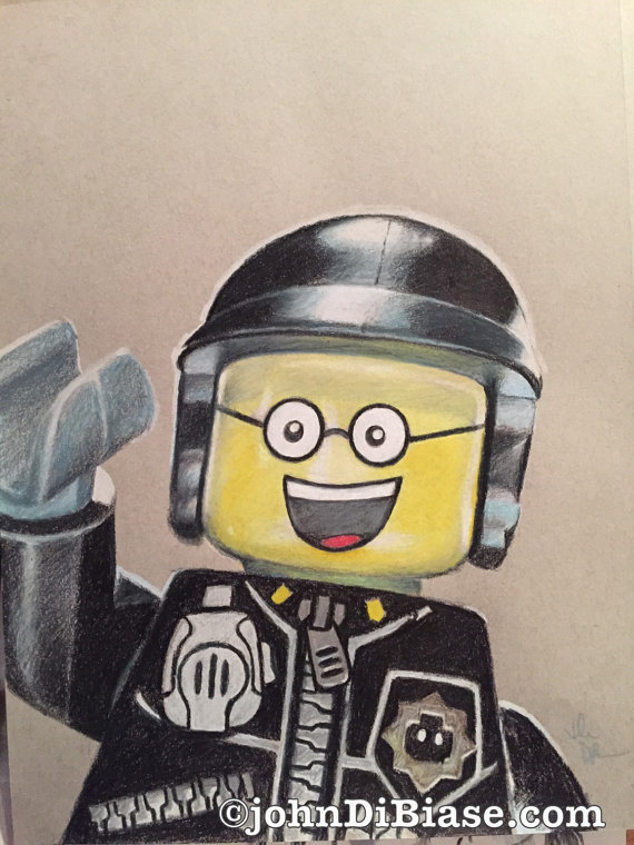 LEGO Movie “Good Cop” Colored Pencil Sketch on Toned Tan Paper