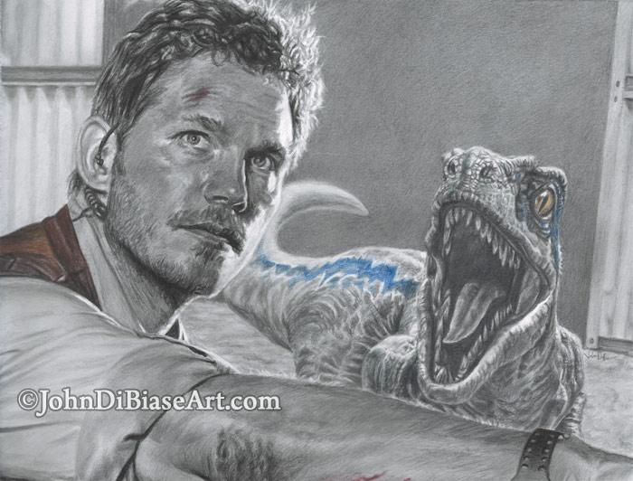 Chris Pratt as Owen Grady in “Jurassic World” with Blue the Velociraptor  Freehand Colored Pencil and Graphite Drawing – The Artwork of John DiBiase