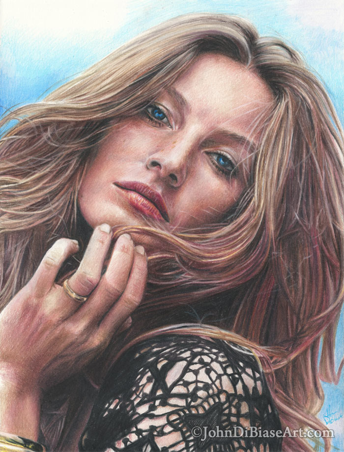 Gisele Bundchen Freehand Colored Pencil Drawing
