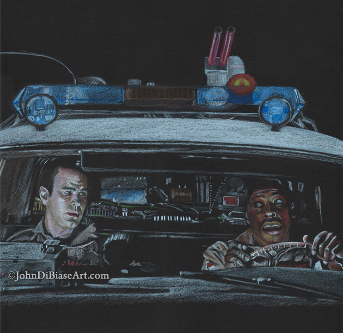 Ray Stantz, Winston Zeddemore Ghostbusters Freehand Colored Pencil Drawing on Black Paper