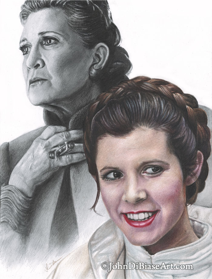 Carrie Fisher as Leia in “The Last Jedi” and “Empire Strikes Back” Freehand Colored Pencil and Graphite Drawing
