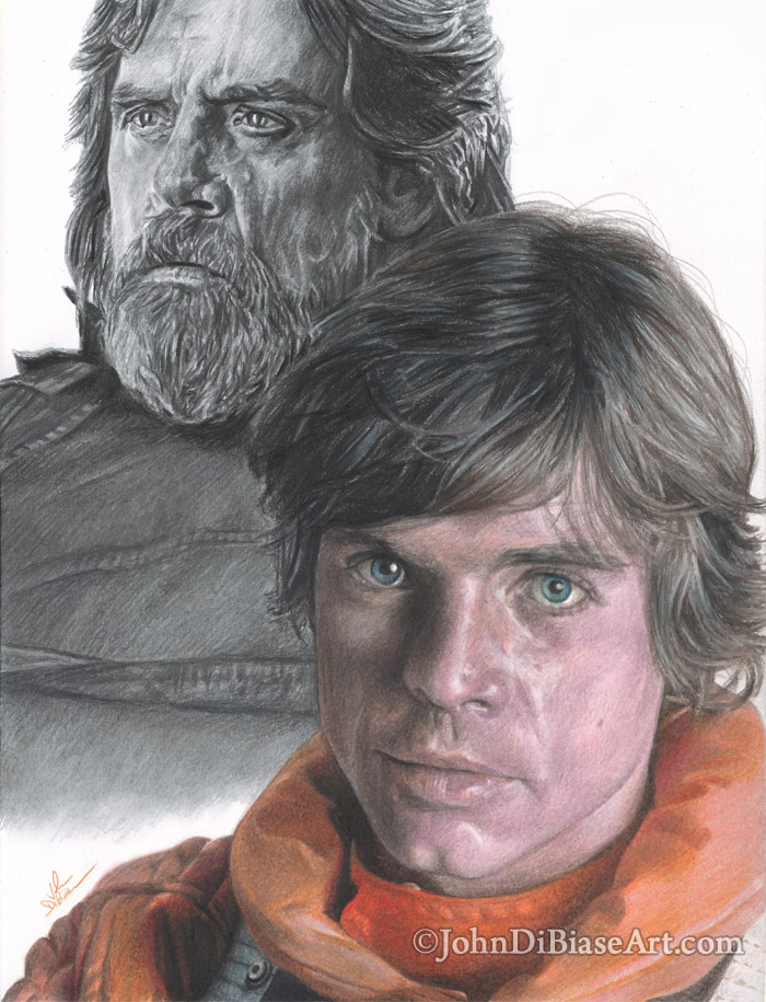 Mark Hamill as Luke Skywalker in “The Last Jedi” and “Empire Strikes Back” Colored Pencil and Graphite Drawing