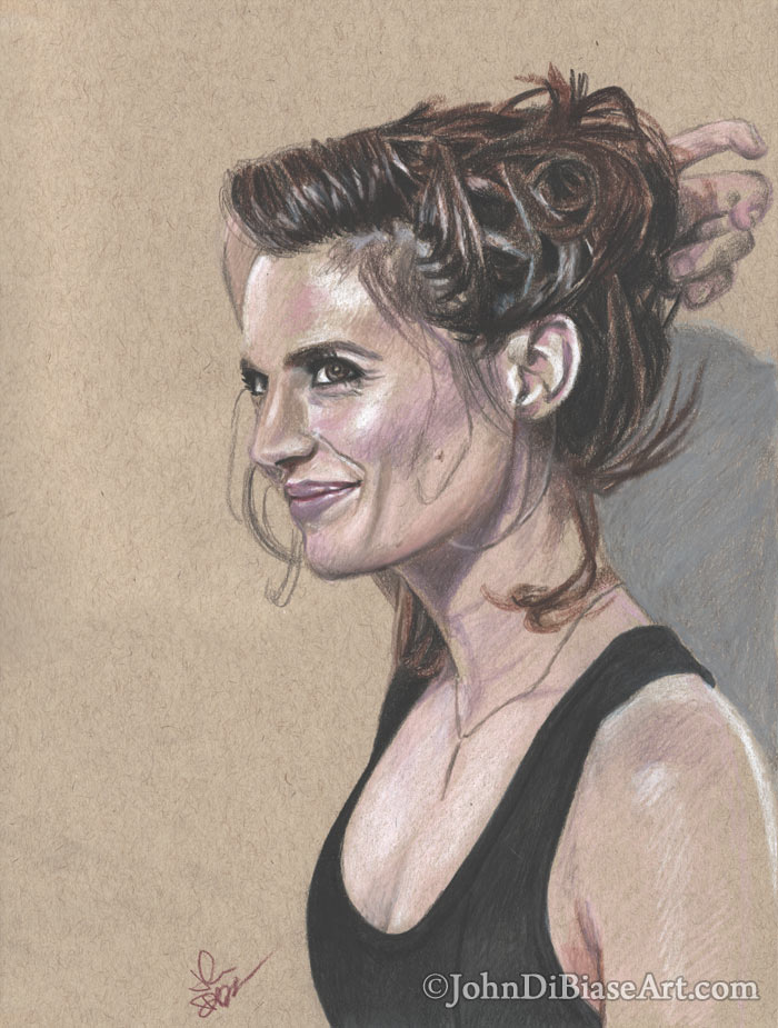 Stana Katic Freehand Colored Pencil Sketch on Toned Tan Paper