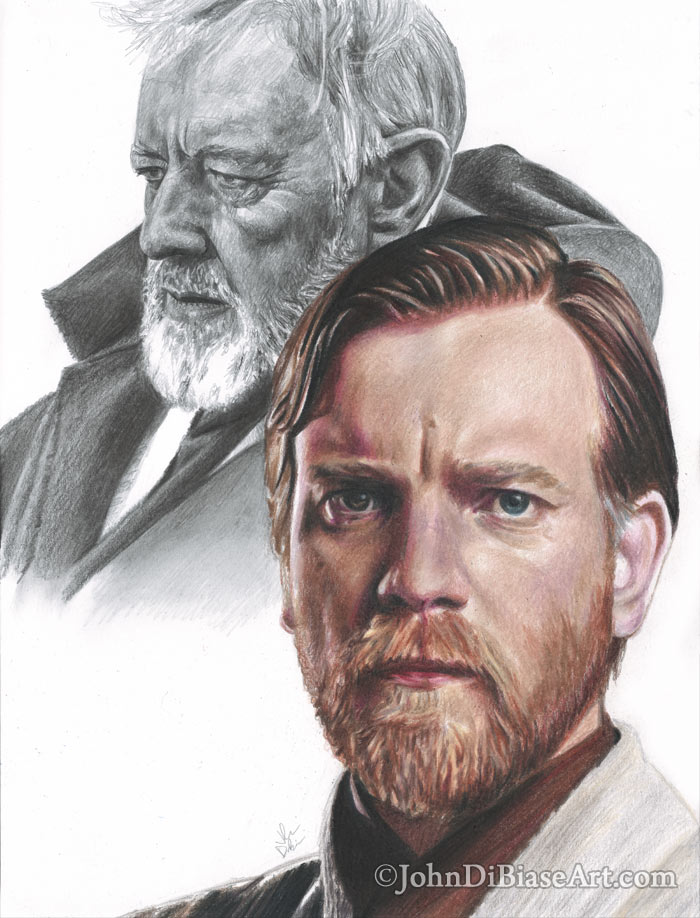Alec Guinness and Ewan McGregor as Obi-Wan Kenobi in Star Wars Graphite and Colored Pencil Portrait
