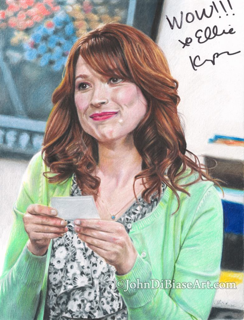 Autographed Ellie Kemper as Erin in “The Office” Freehand Colored Pencil Drawing