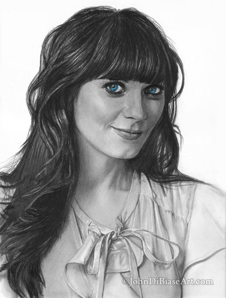 Zooey Deschanel Freehand Graphite Pencil Drawing