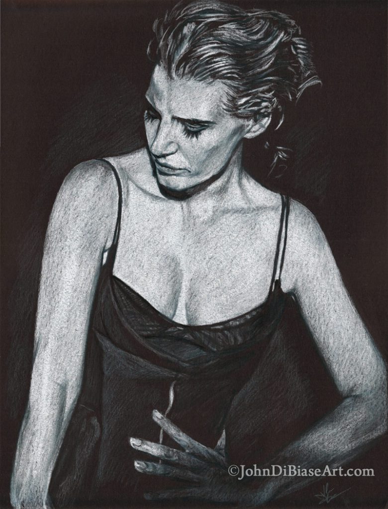 Jessica Chastain Freehand Colored Pencil Drawing on Black Paper