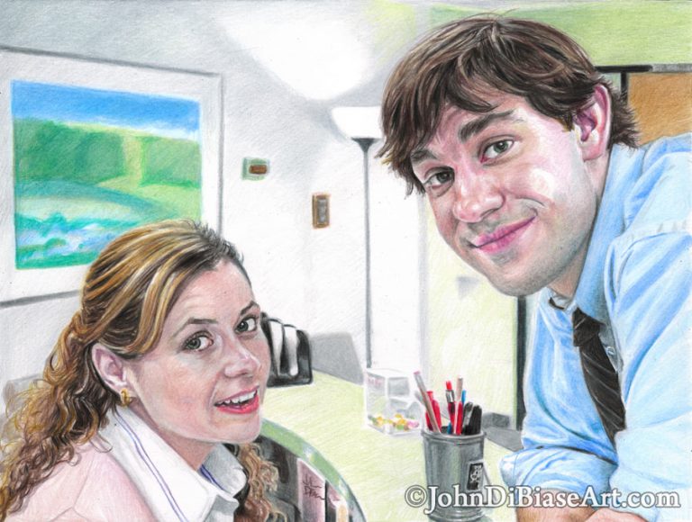 Jim and Pam at Reception in The Office Freehand Colored Pencil Drawing