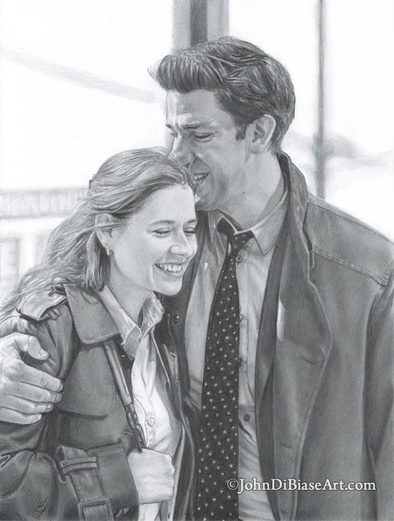Jim and Pam of The Office Freehand Graphite Drawing