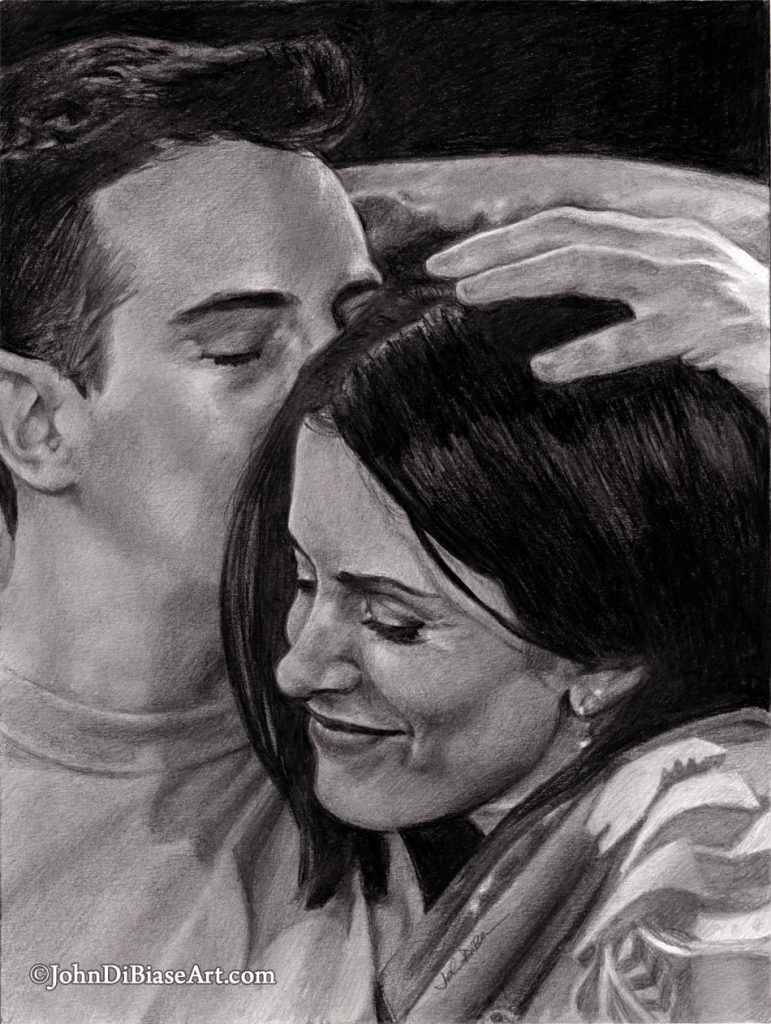 Chandler (Matthew Perry) and Monica (Courtney Cox) Friends Freehand Graphite Drawing