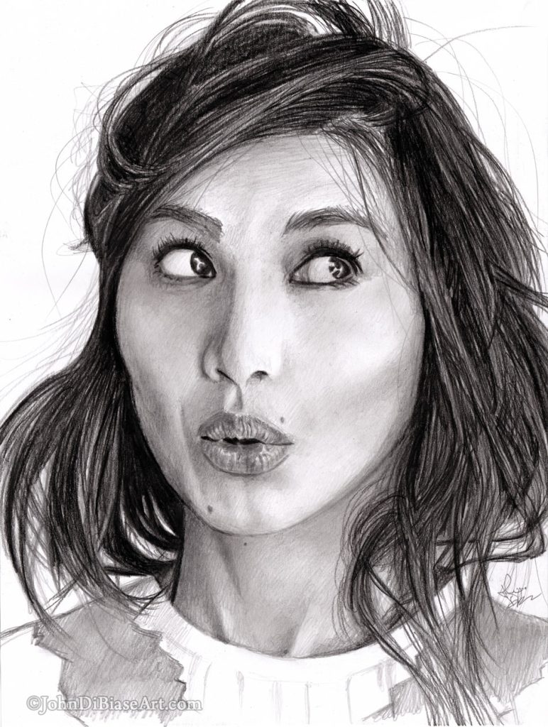 Gemma Chan Freehand Graphite Drawing