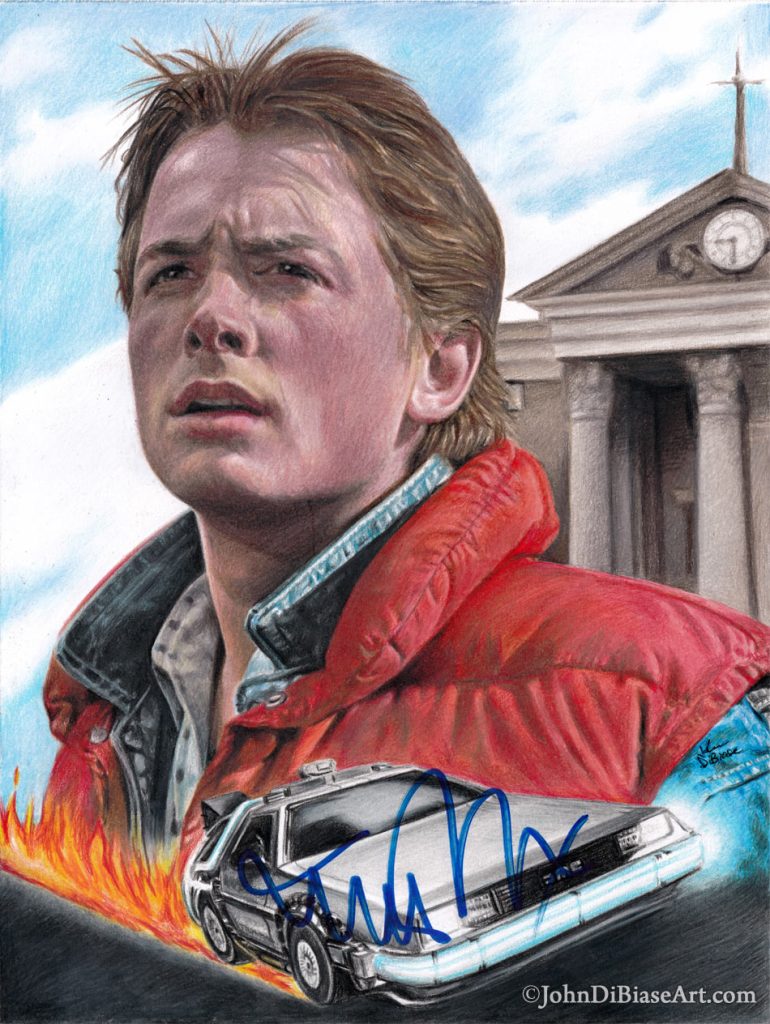 AUTOGRAPHED Michael J. Fox Marty McFly Back to the Future Freehand Colored Pencil Drawing