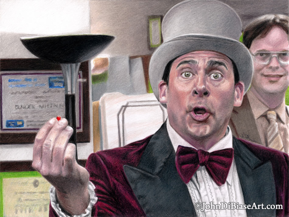Steve Carell as Michael Scott Dressed as “Willy Wonka” in “The Office” Freehand Colored Pencil Drawing