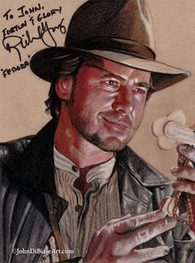 AUTOGRAPHED Indiana Jones and the Last Crusade “Fedora” (Richard Young) Freehand Colored Pencil Drawing