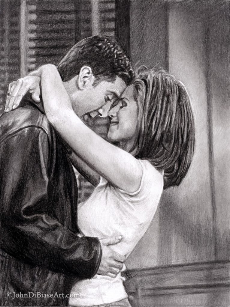 Ross (David Schwimmer) & Rachel (Jennifer Aniston) in Friends Freehand Graphite Drawing
