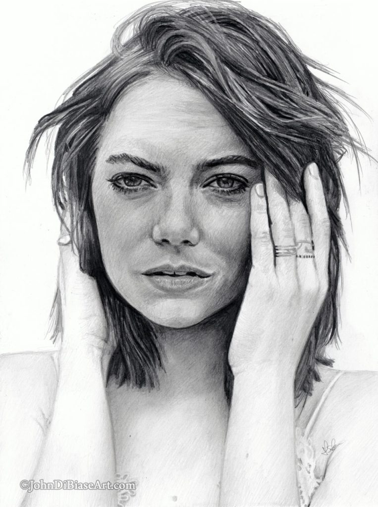 Emma Stone Freehand Graphite Portrait Drawing
