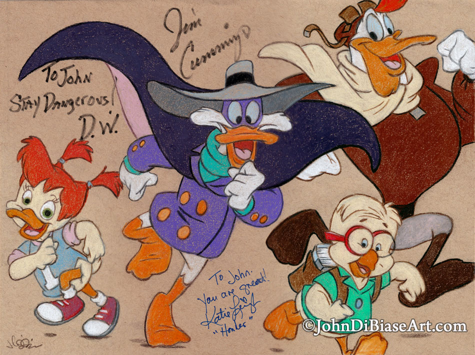 AUTOGRAPHED Jim Cummings and Katie Leigh Darkwing Duck Colored Pencil Drawing